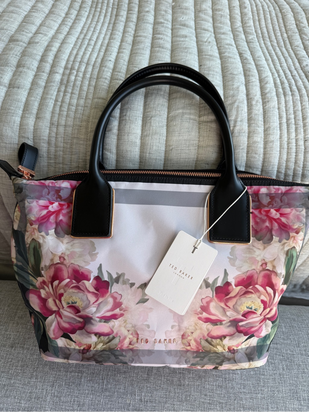 Ted Baker Pink Floral Tote With Black Handles
